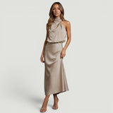 Vestido Midi Satén Halter Cuello Torcido