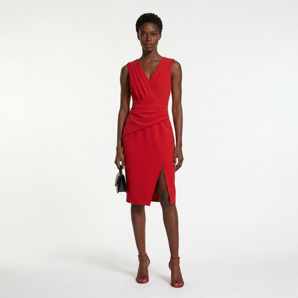 Vestido Midi Crepé Drapeado Abertura Frontal