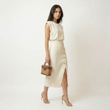 Vestido Midi Hombros Estructurados Botonadura Dorada