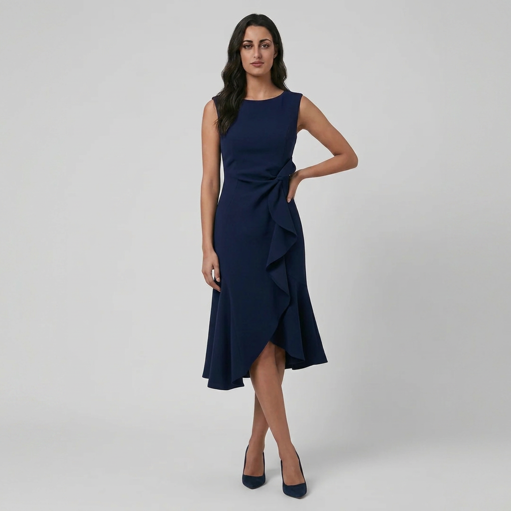 Vestido Midi Crepé Lazo Volante Cruzado