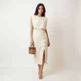 Vestido Midi Hombros Estructurados Botonadura Dorada
