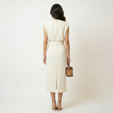 Vestido Midi Hombros Estructurados Botonadura Dorada