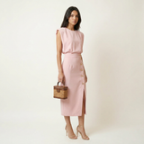 Vestido Midi Hombros Estructurados Botonadura Dorada