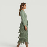 Vestido Midi Flecos Degradado Manga Globo