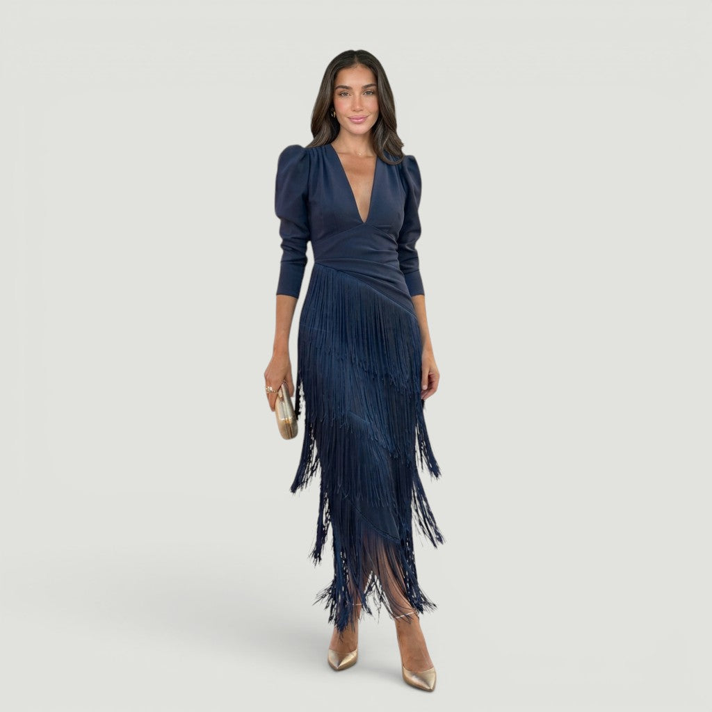 Vestido Midi Flecos Degradado Manga Globo