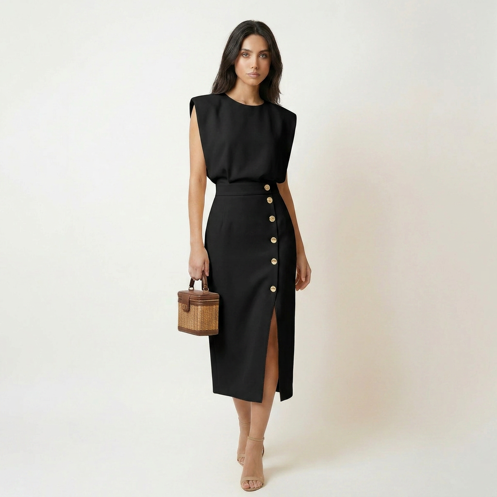 Vestido Midi Hombros Estructurados Botonadura Dorada
