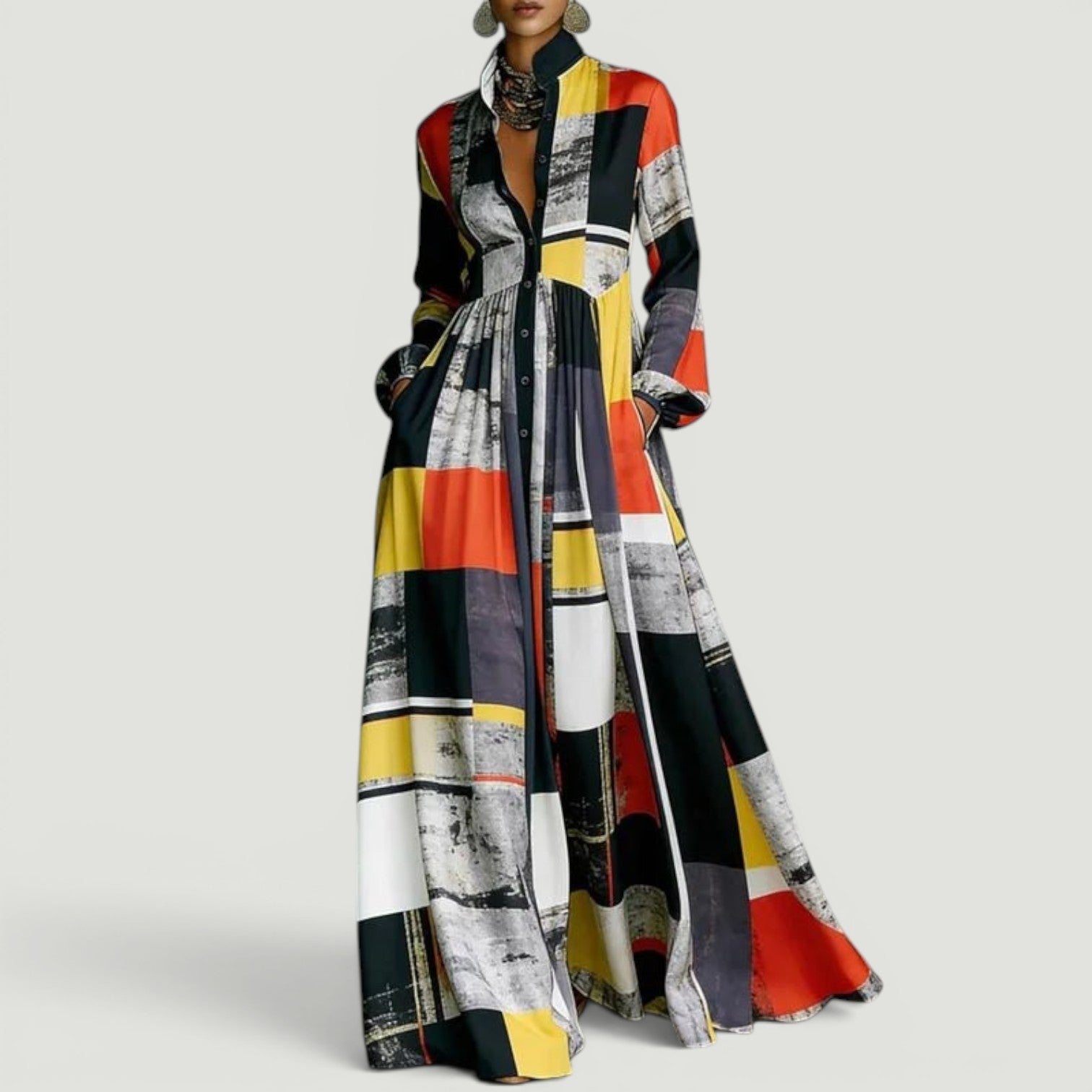 Vestido Largo Camisero Estampado Geométrico Cintura Alta