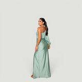 Vestido Largo Un Hombro Satén Nudo Frontal Fenda