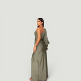 Vestido Largo Un Hombro Satén Nudo Frontal Fenda